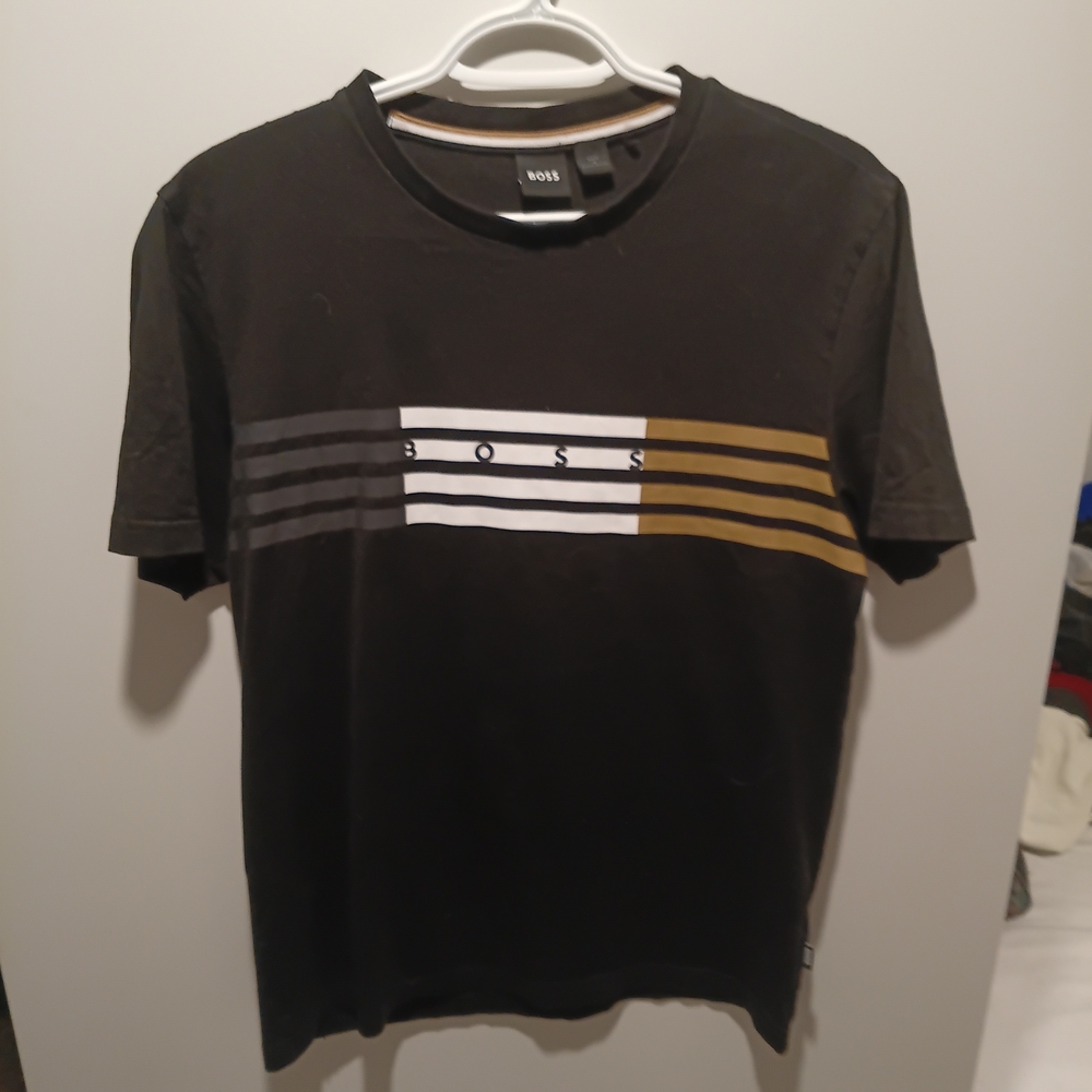 BOSS Black T-Shirt with Gold and White Stripes